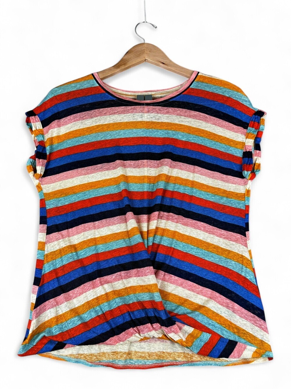 LOFT Striped Linen Twist-Hem Short Sleeve Tee M